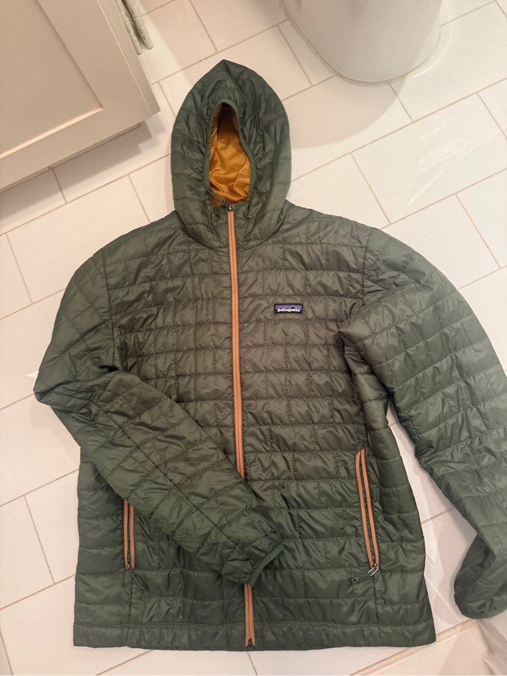 Patagonia Men's Olive Green Hooded Quilted Puffer with Mustard Trim